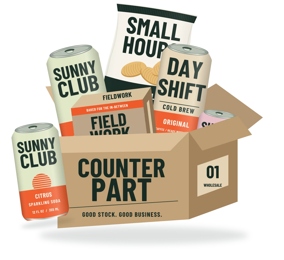 Original COUNTERPART wholesale carton packed with colorful fictional grocery products