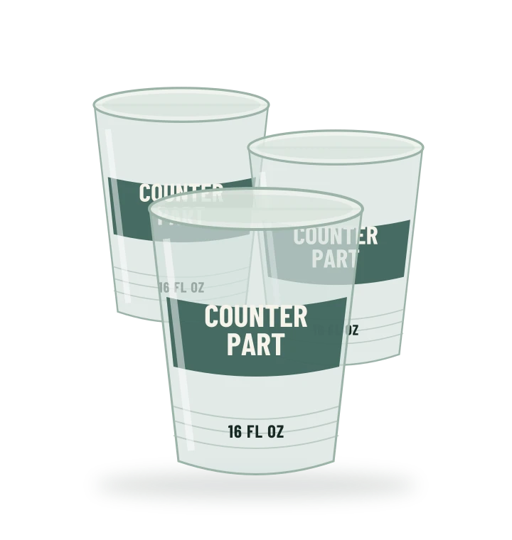 Original fictional COUNTERPART Clear Cold Cups packaging illustration for the COUNTERPART wholesale demo