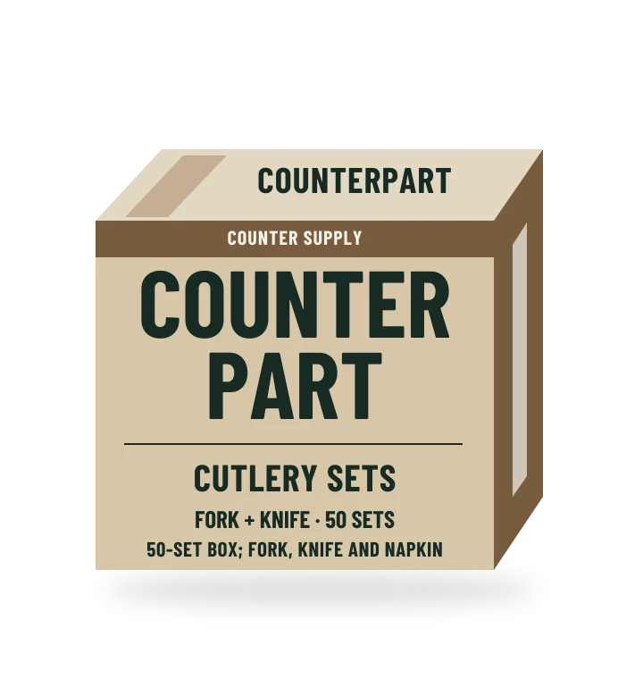 Original fictional COUNTERPART Cutlery Sets packaging illustration for the COUNTERPART wholesale demo