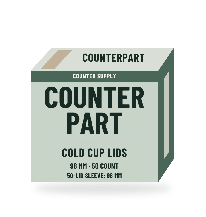 Original fictional COUNTERPART Flat Cold Cup Lids packaging illustration for the COUNTERPART wholesale demo