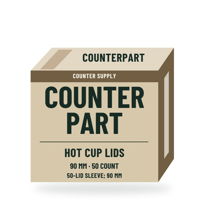 Original fictional COUNTERPART Hot Cup Lids packaging illustration for the COUNTERPART wholesale demo