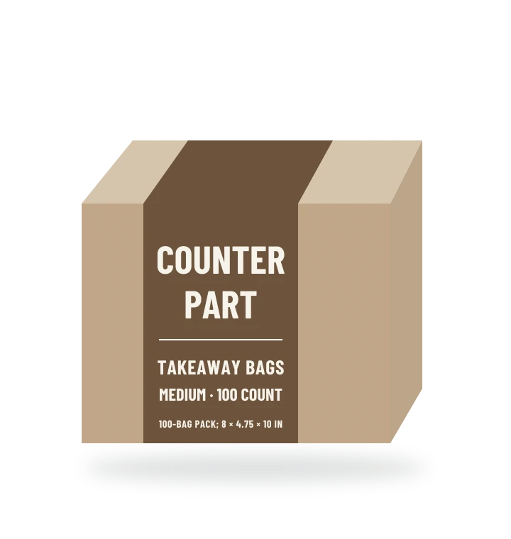 Original fictional COUNTERPART Medium Takeaway Bags packaging illustration for the COUNTERPART wholesale demo