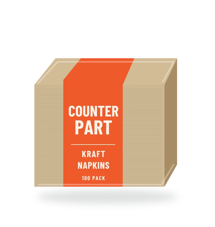 Original fictional COUNTERPART Kraft Napkins packaging illustration for the COUNTERPART wholesale demo