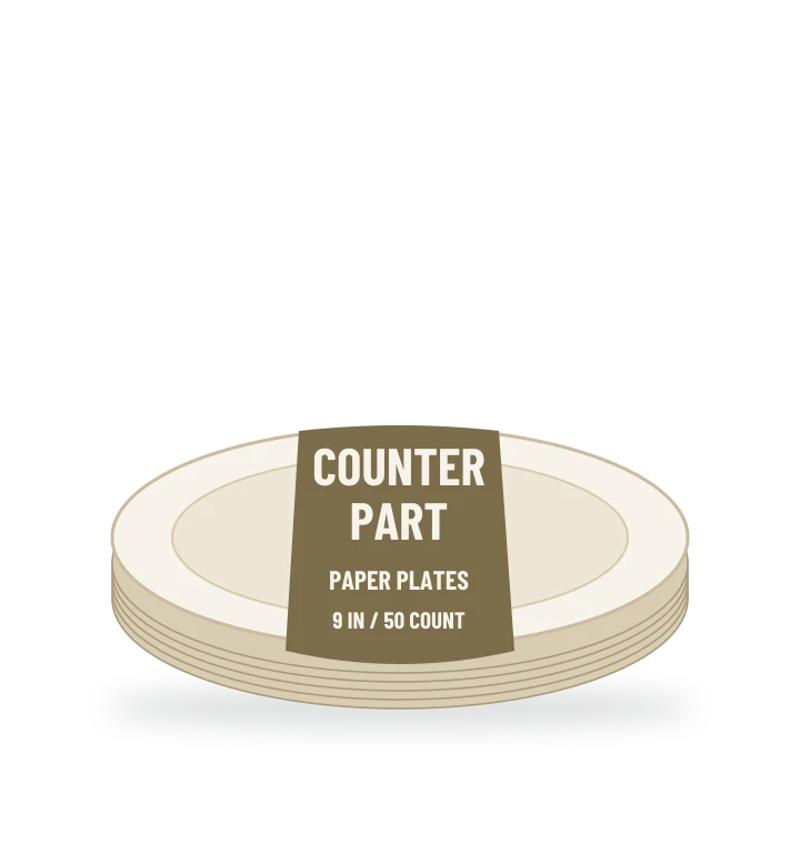 Original fictional COUNTERPART Paper Plates packaging illustration for the COUNTERPART wholesale demo