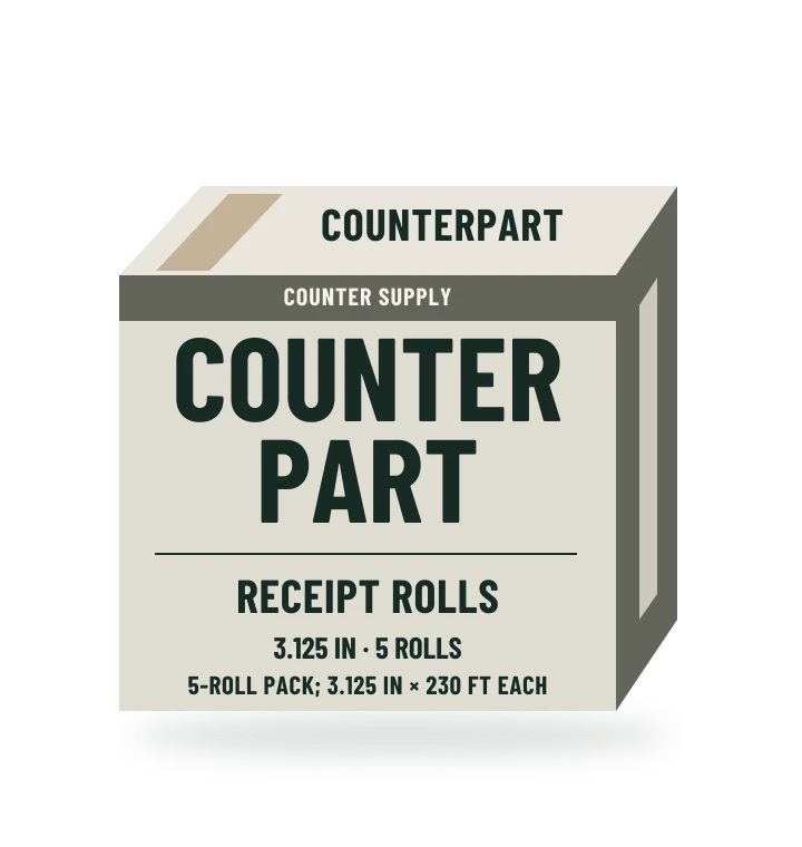 Original fictional COUNTERPART Thermal Receipt Rolls packaging illustration for the COUNTERPART wholesale demo