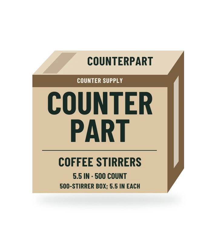 Original fictional COUNTERPART Wooden Coffee Stirrers packaging illustration for the COUNTERPART wholesale demo