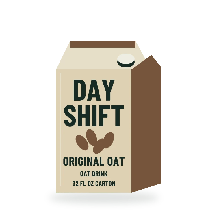 Original fictional DAYSHIFT Oat Drink packaging illustration for the COUNTERPART wholesale demo