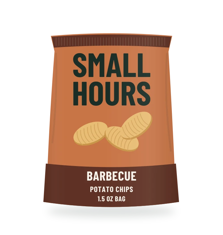Original fictional SMALL HOURS Barbecue Potato Chips packaging illustration for the COUNTERPART wholesale demo