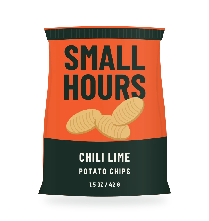 Original fictional SMALL HOURS Chili Lime Potato Chips packaging illustration for the COUNTERPART wholesale demo