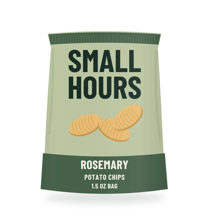 Original fictional SMALL HOURS Rosemary Potato Chips packaging illustration for the COUNTERPART wholesale demo