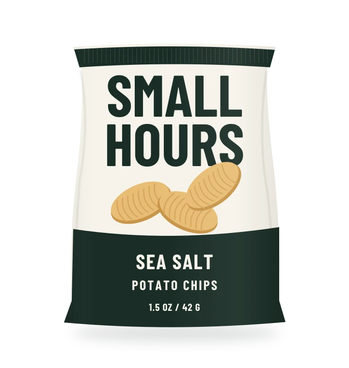 Original fictional SMALL HOURS Sea Salt Potato Chips packaging illustration for the COUNTERPART wholesale demo