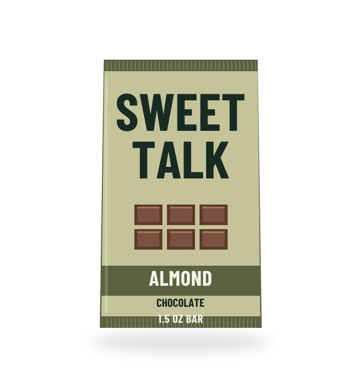 Original fictional SWEET TALK Almond Chocolate packaging illustration for the COUNTERPART wholesale demo