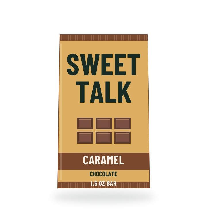 Original fictional SWEET TALK Caramel Chocolate packaging illustration for the COUNTERPART wholesale demo