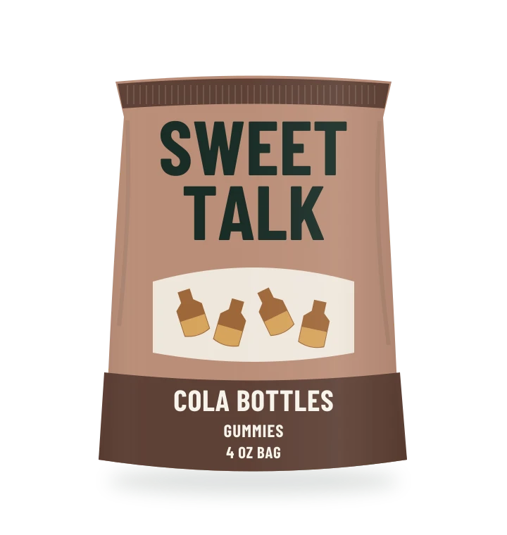 Original fictional SWEET TALK Cola Bottle Gummies packaging illustration for the COUNTERPART wholesale demo