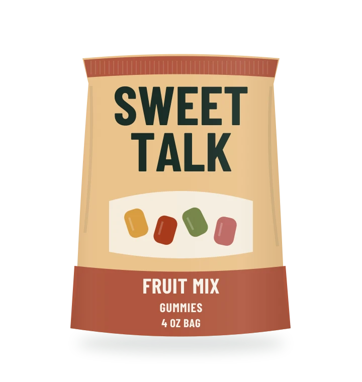 Original fictional SWEET TALK Fruit Gummies packaging illustration for the COUNTERPART wholesale demo