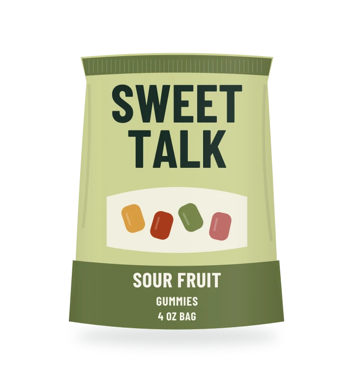 Original fictional SWEET TALK Sour Fruit Gummies packaging illustration for the COUNTERPART wholesale demo