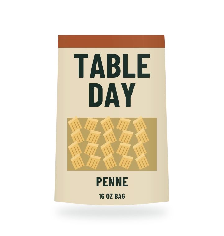 Original fictional TABLE DAY Penne Pasta packaging illustration for the COUNTERPART wholesale demo