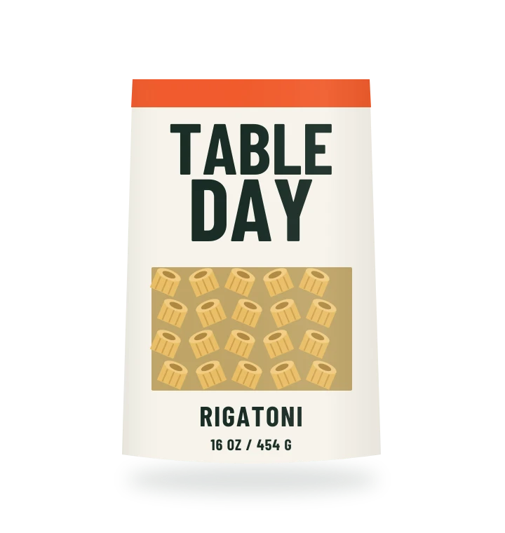 Original fictional TABLE DAY Rigatoni Pasta packaging illustration for the COUNTERPART wholesale demo