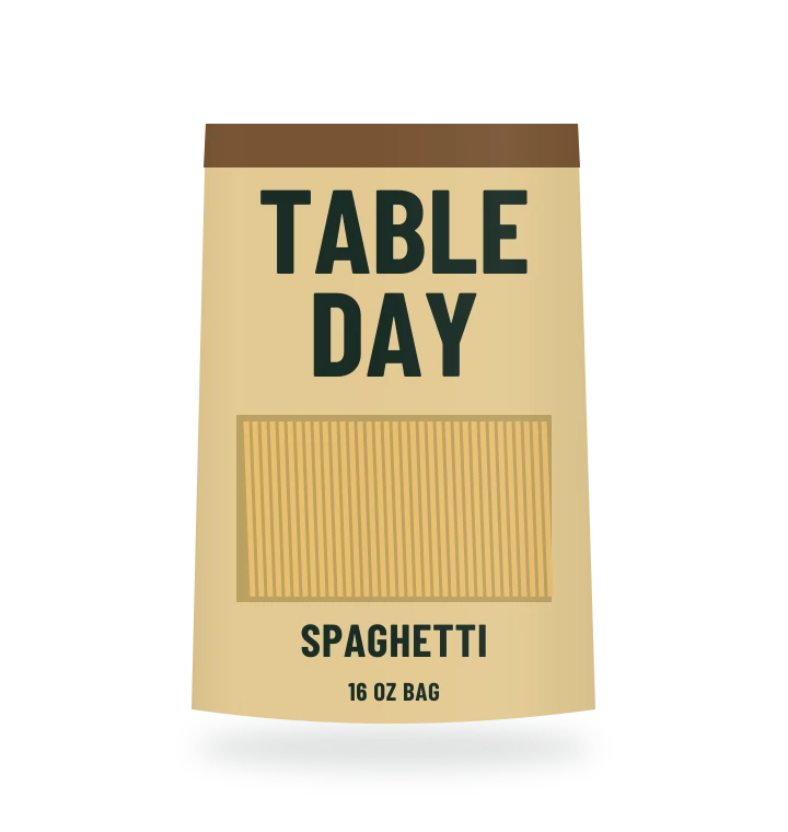 Original fictional TABLE DAY Spaghetti packaging illustration for the COUNTERPART wholesale demo