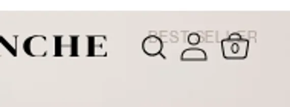 Close-up of the mobile header where the Bestseller label overlaps the search, account and bag icons