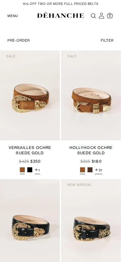 Mobile view of the dehanche.com Pre-Order collection showing two SALE items with struck-through prices