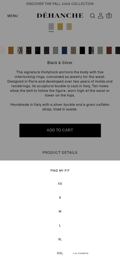 Mobile product page with the Find my fit size sheet open after tapping Add to Cart