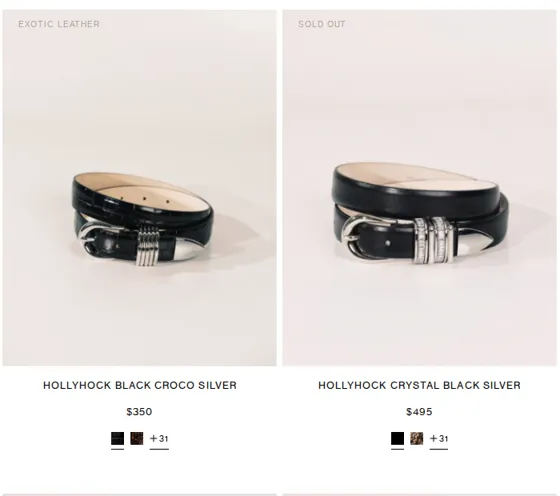 All Belts collection grid on dehanche.com with a Sold Out tile for Hollyhock Crystal Black Silver in the third row
