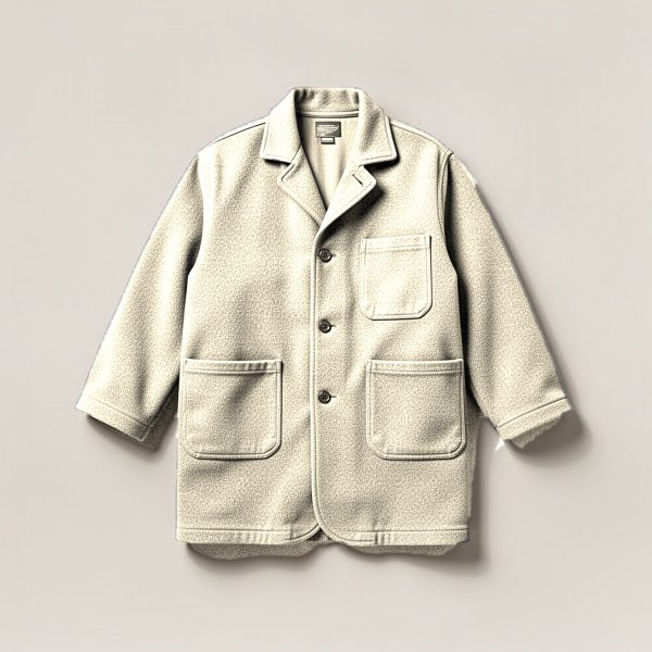 Birch Chore Coat in Cream — boxy button-front chore coat with two patch pockets on a light grey backdrop