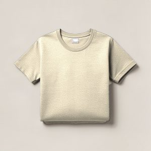 Birch Field Tee in Cream — crew-neck cotton t-shirt, folded on a light grey backdrop