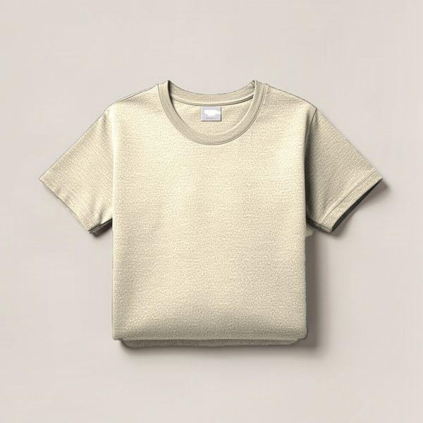 Birch Field Tee in Cream — crew-neck cotton t-shirt, folded on a light grey backdrop