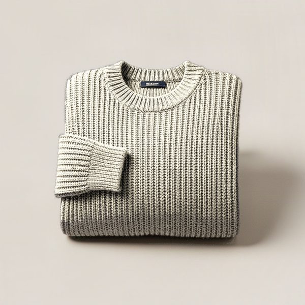 Birch Watch Sweater in Cream — chunky ribbed-knit crew-neck sweater, folded on a light grey backdrop