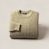 Birch Watch Sweater in Sand — chunky ribbed-knit crew-neck sweater, folded on a light grey backdrop