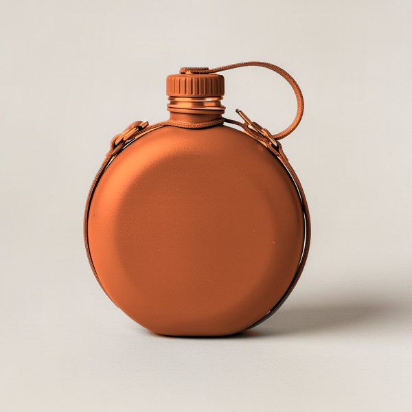 Ember Canteen in Rust — round flat-sided canteen with a screw cap and a carry strap on a light grey backdrop