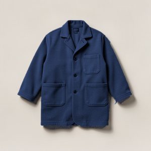 Cedar Chore Coat in Navy — boxy button-front chore coat with two patch pockets on a light grey backdrop