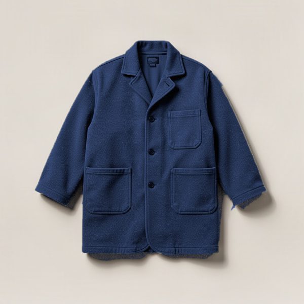 Cedar Chore Coat in Navy — boxy button-front chore coat with two patch pockets on a light grey backdrop