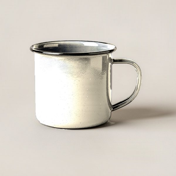 Cedar Enamel Mug in Cream — enamel camp mug with a rolled rim and a C-shaped handle on a light grey backdrop