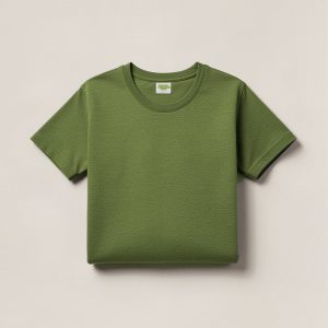 Cedar Field Tee in Moss — crew-neck cotton t-shirt, folded on a light grey backdrop