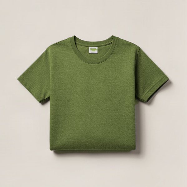 Cedar Field Tee in Moss — crew-neck cotton t-shirt, folded on a light grey backdrop