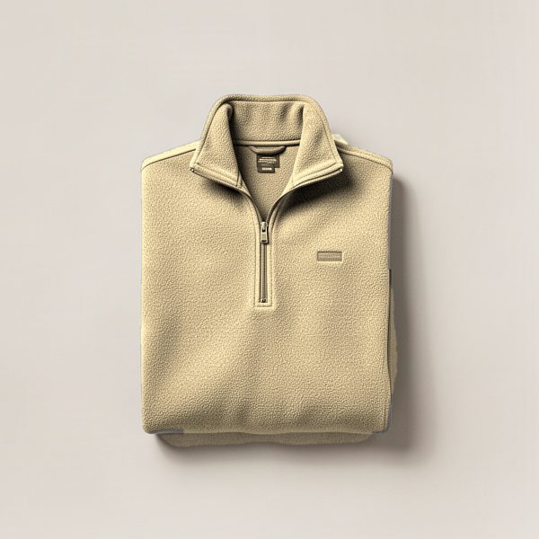 Cedar Fleece Pullover in Sand — quarter-zip fleece pullover, folded on a light grey backdrop
