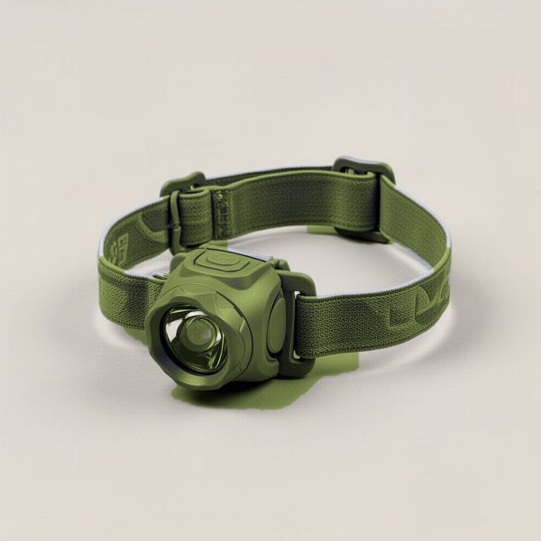Cedar Headlamp in Moss — compact headlamp with a lens housing and an elastic headband on a light grey backdrop