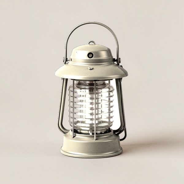 Cedar Lantern in Cream — camp lantern with a domed top, carry handle and ribbed diffuser on a light grey backdrop