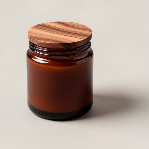 Cedar Soy Candle — soy candle in an amber glass jar with a wooden lid on a light grey backdrop