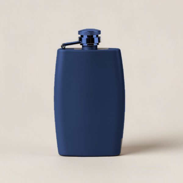 Cedar Trail Flask in Navy — slim hip flask with a hinged screw cap on a light grey backdrop