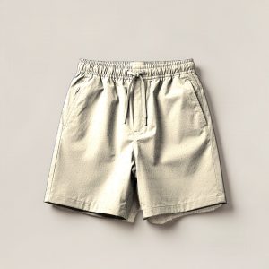 Cedar Trail Short in Cream — lightweight trail shorts with an elastic drawcord waist, folded on a light grey backdrop