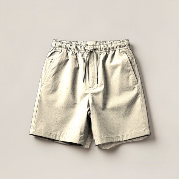 Cedar Trail Short in Cream — lightweight trail shorts with an elastic drawcord waist, folded on a light grey backdrop
