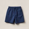 Cedar Trail Short in Navy — lightweight trail shorts with an elastic drawcord waist, folded on a light grey backdrop
