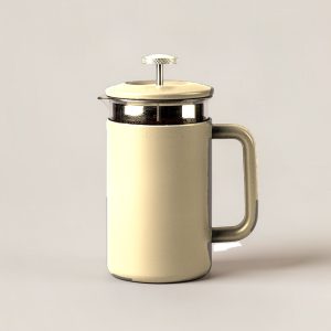 Cedar Travel Press in Sand — travel coffee press mug with a plunger lid and a handle on a light grey backdrop