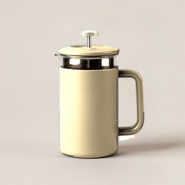 Cedar Travel Press in Sand — travel coffee press mug with a plunger lid and a handle on a light grey backdrop