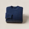 Driftwood Watch Sweater in Navy — chunky ribbed-knit crew-neck sweater, folded on a light grey backdrop