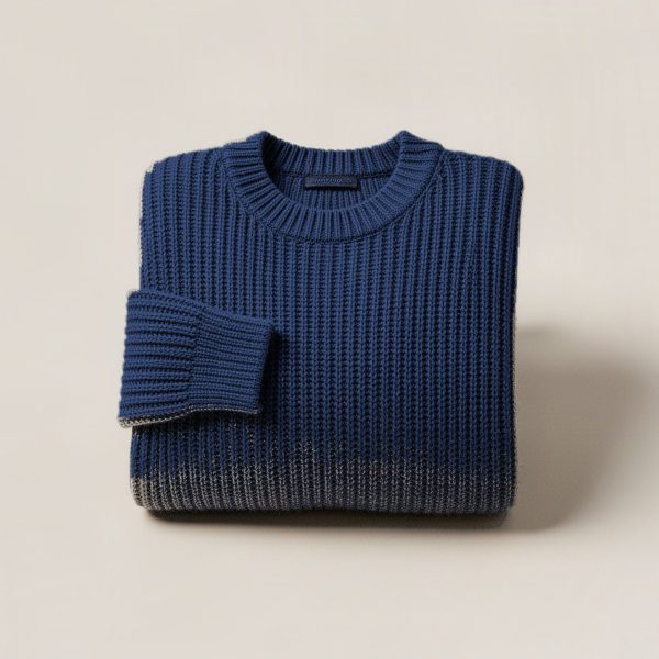 Driftwood Watch Sweater in Navy — chunky ribbed-knit crew-neck sweater, folded on a light grey backdrop